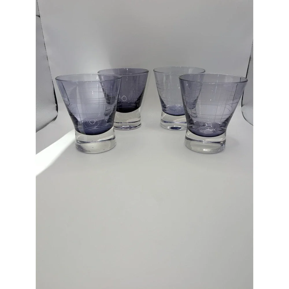 Vintage Purple Etched Heavy Base Old Fashioned Cocktail Glasses Set of 4